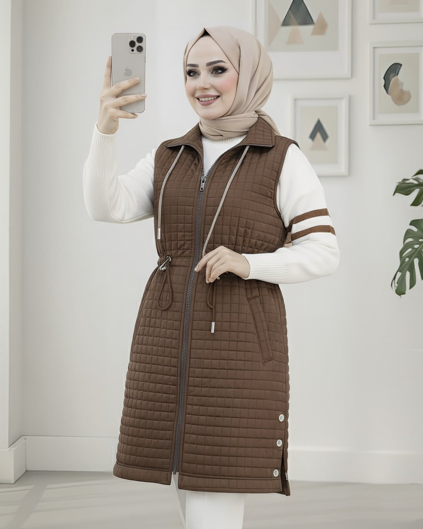 Quilted Vest with Drawstring Collar and Elastic Waist - Brown - Podyumplus - by Peralane - photo 2