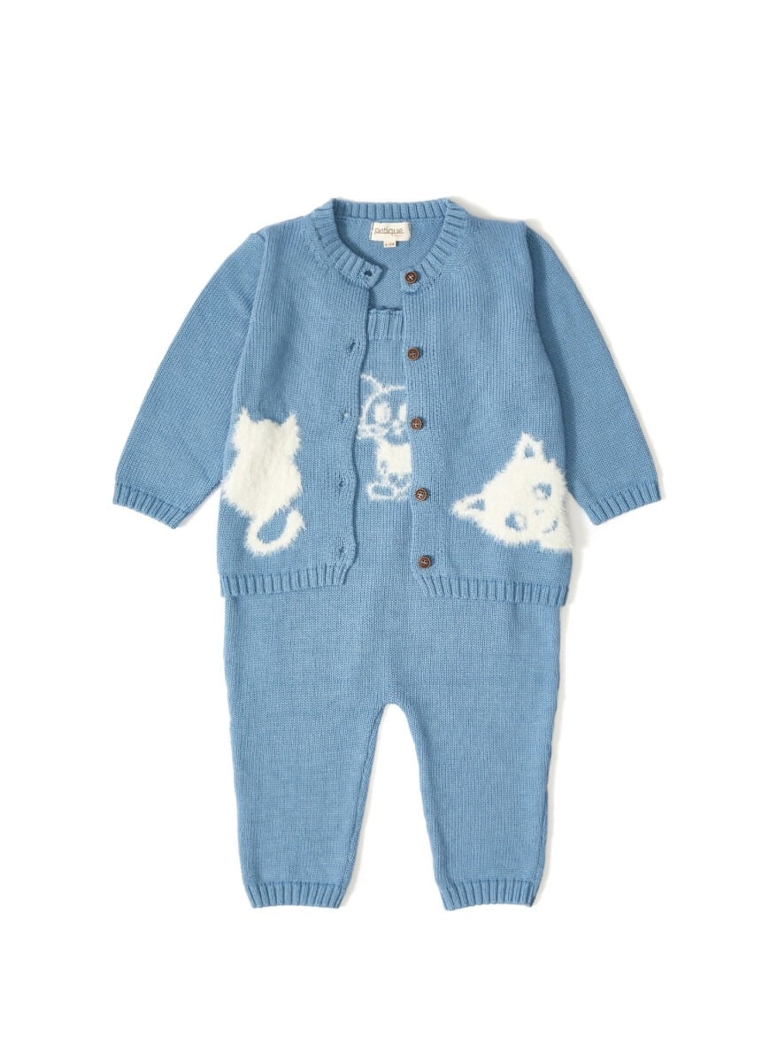 Baby Knit Romper and Cardigan Set with Cat Motif – Indigo Blue (Pack of 3) - Uludag Triko - by Peralane