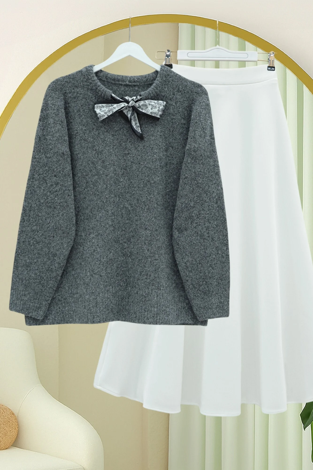 Women's Smoked Grey Soft Knit Sweater with Scarf Collar Detail - Podyumplus - by Peralane