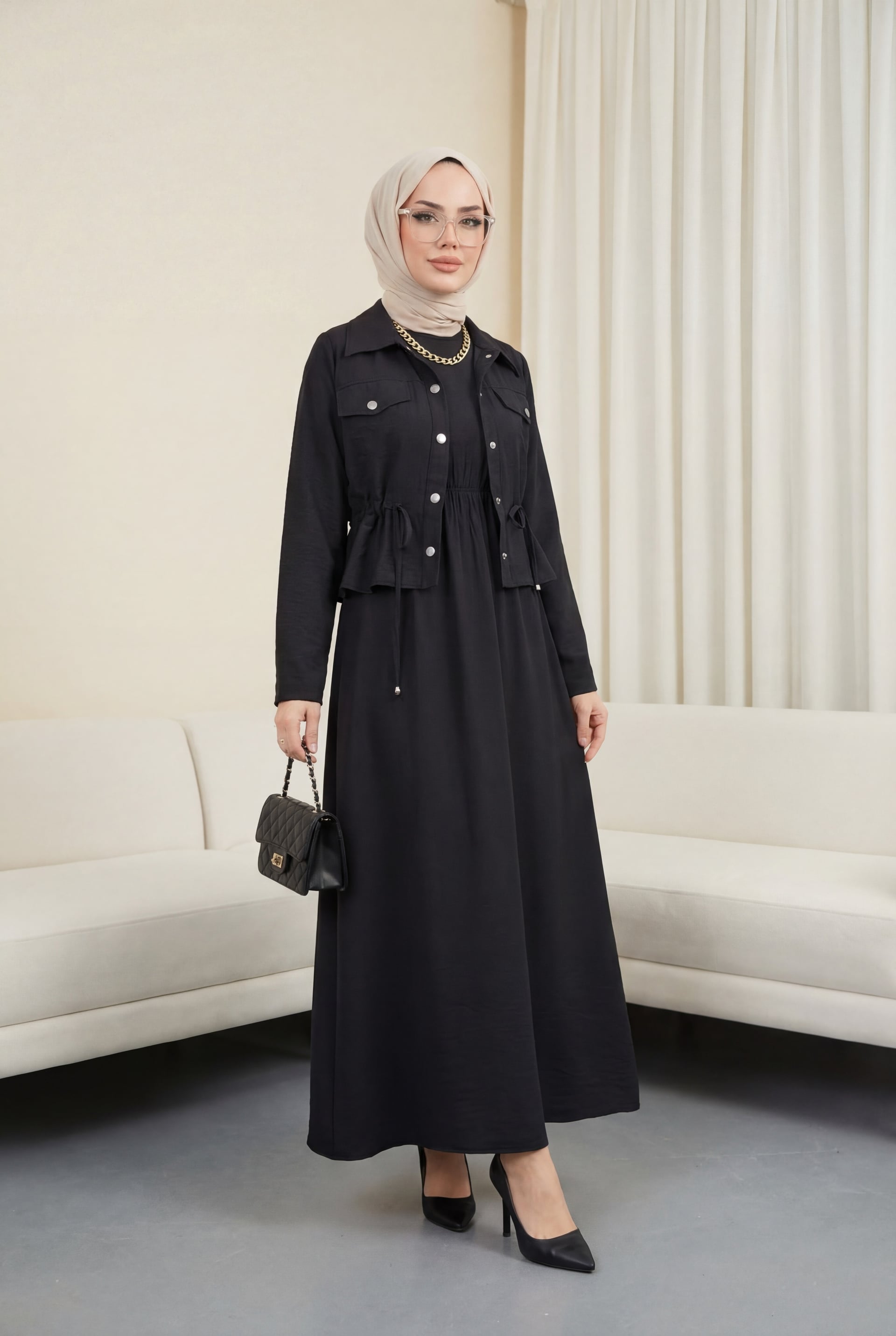 Black Shirt Dress with Metal Buttons and Tie Waist - Podyumplus - by Peralane