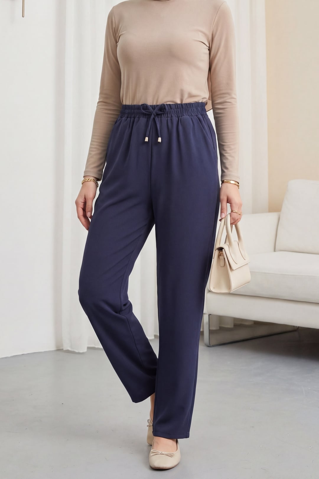 Navy Blue High-Rise Elasticated Waistband Drawstring Trousers with Side Pockets - Podyumplus - by Peralane