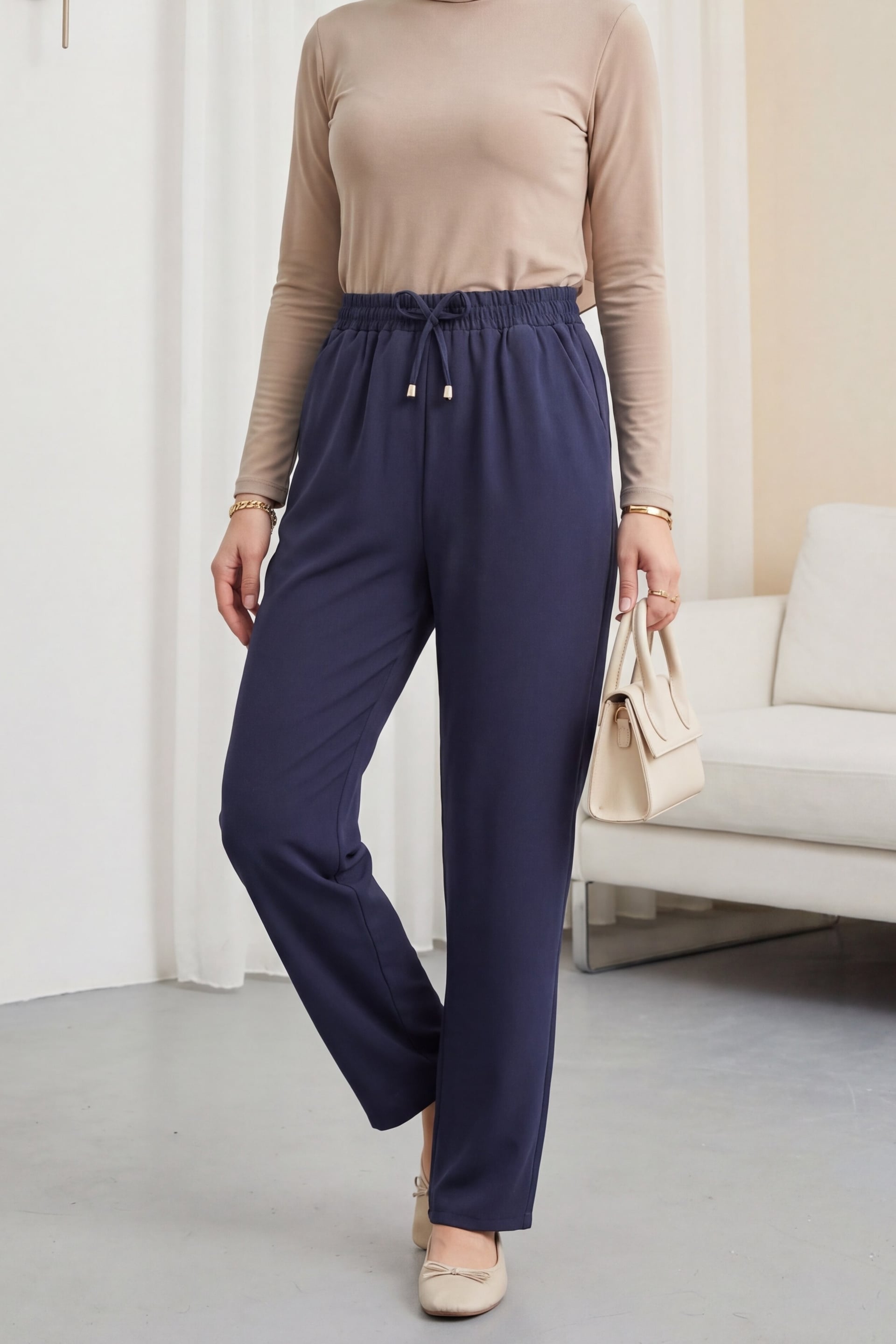 Navy Blue High-Rise Elasticated Waistband Drawstring Trousers with Side Pockets - Podyumplus - by Peralane