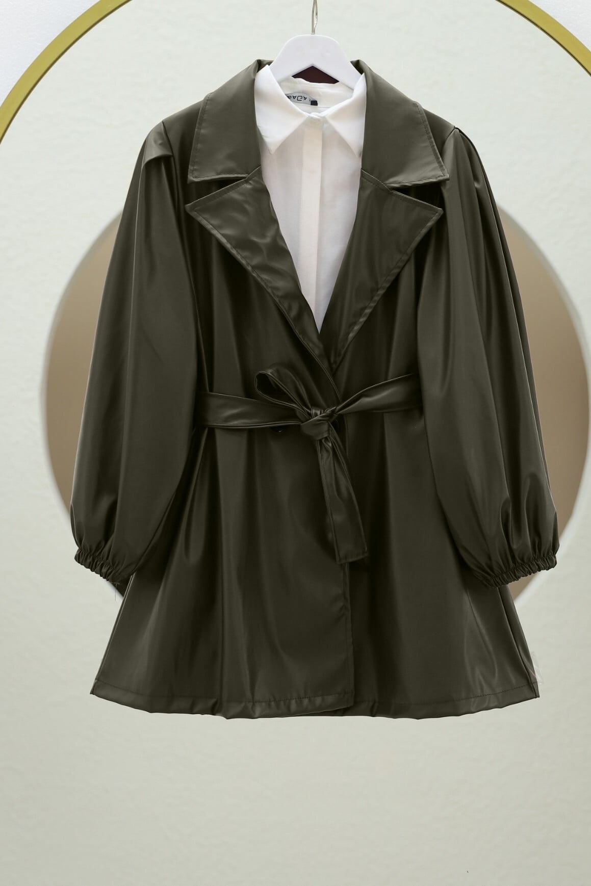 Women's Double Pocket Olive Green Faux Leather Belted Jacket - Podyumplus - by Peralane - photo 5