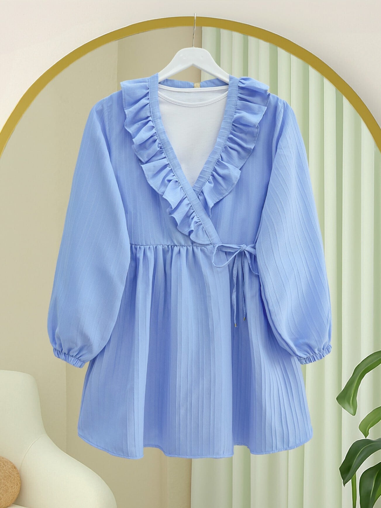 Ruffled Front Lace-Up Kimono with Elastic Sleeves - Blue - Podyumplus - by Peralane - photo 3