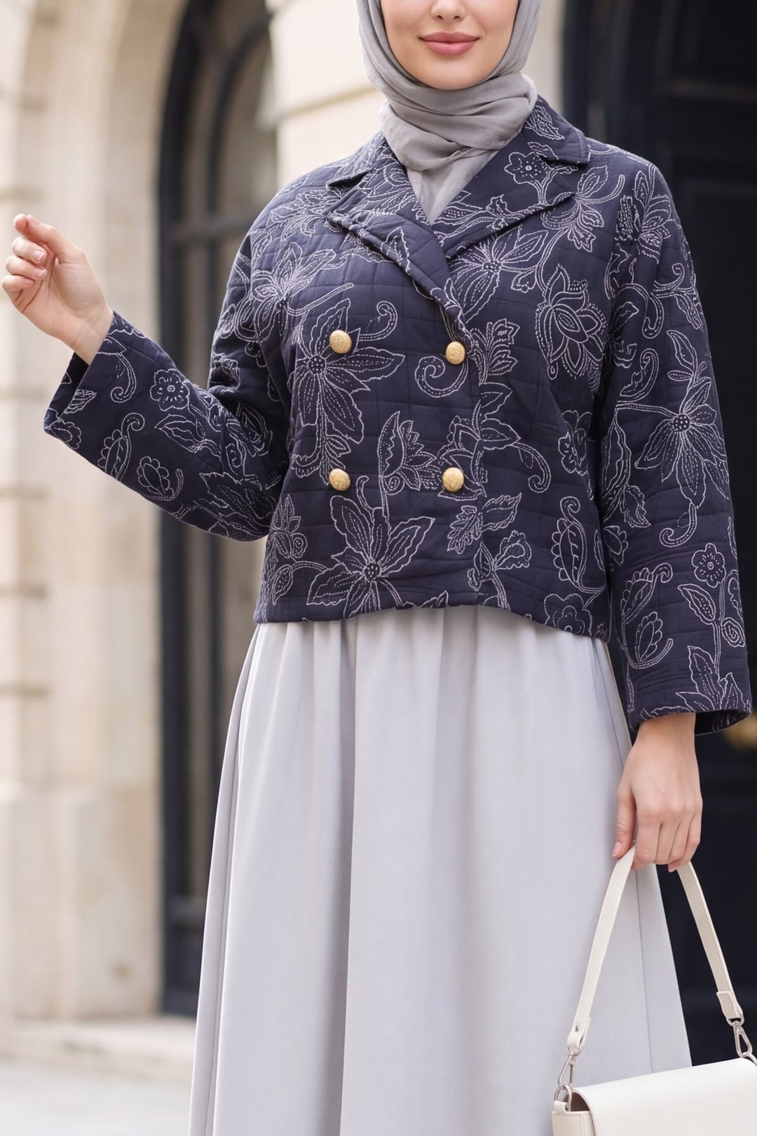 Quilted Shirt-Collar Mixed Print Button-Front Jacket - Dark Navy - Podyumplus - by Peralane