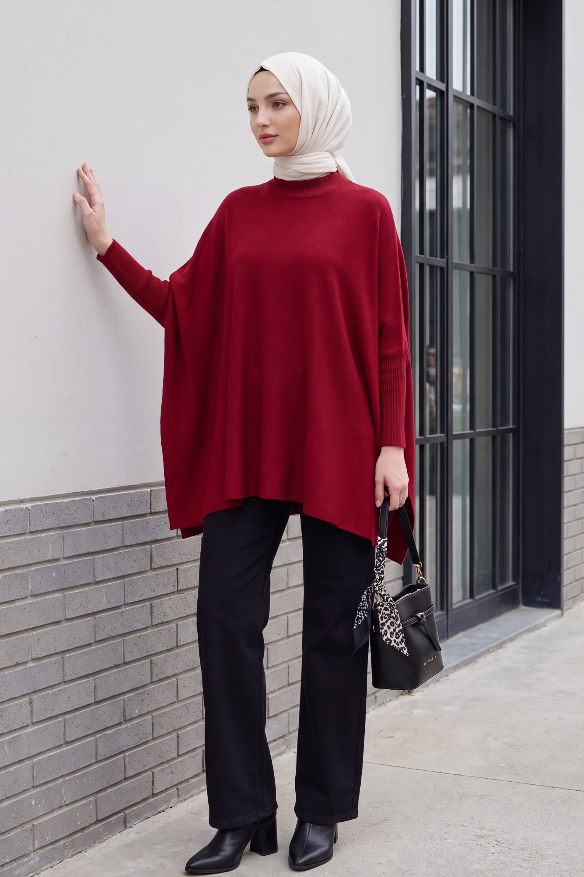 Side Slit Oversize Poncho Knit Sweater - Bordeaux - Bigdart - by Peralane - photo 4