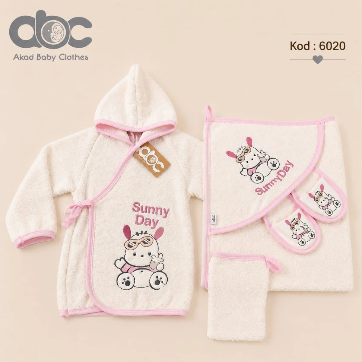 Baby Hooded Towel and Wrap Set with Bunny Print (4 Pieces) - Has Bereket - by Peralane