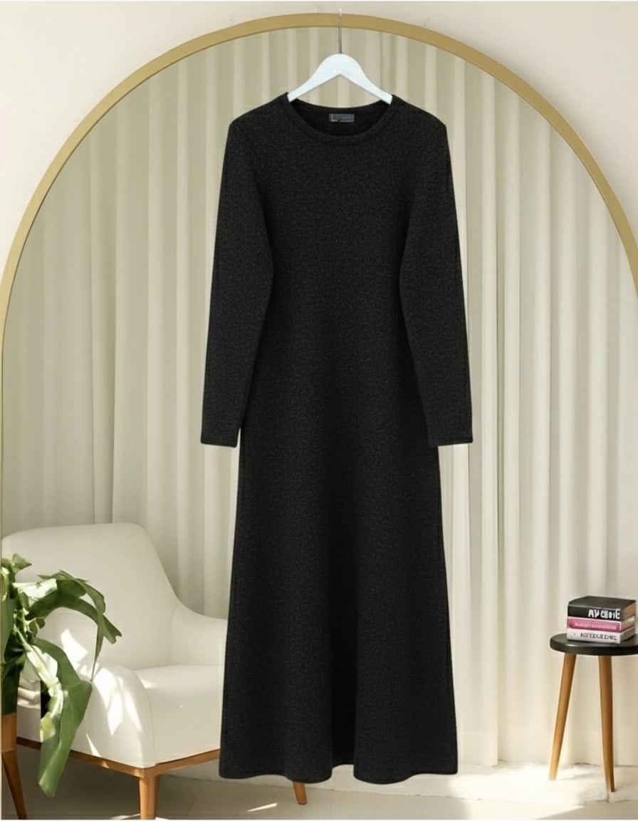 Crew Neck Fitted Waist Soft Knit Maxi Dress - Black - Podyumplus - by Peralane - photo 3