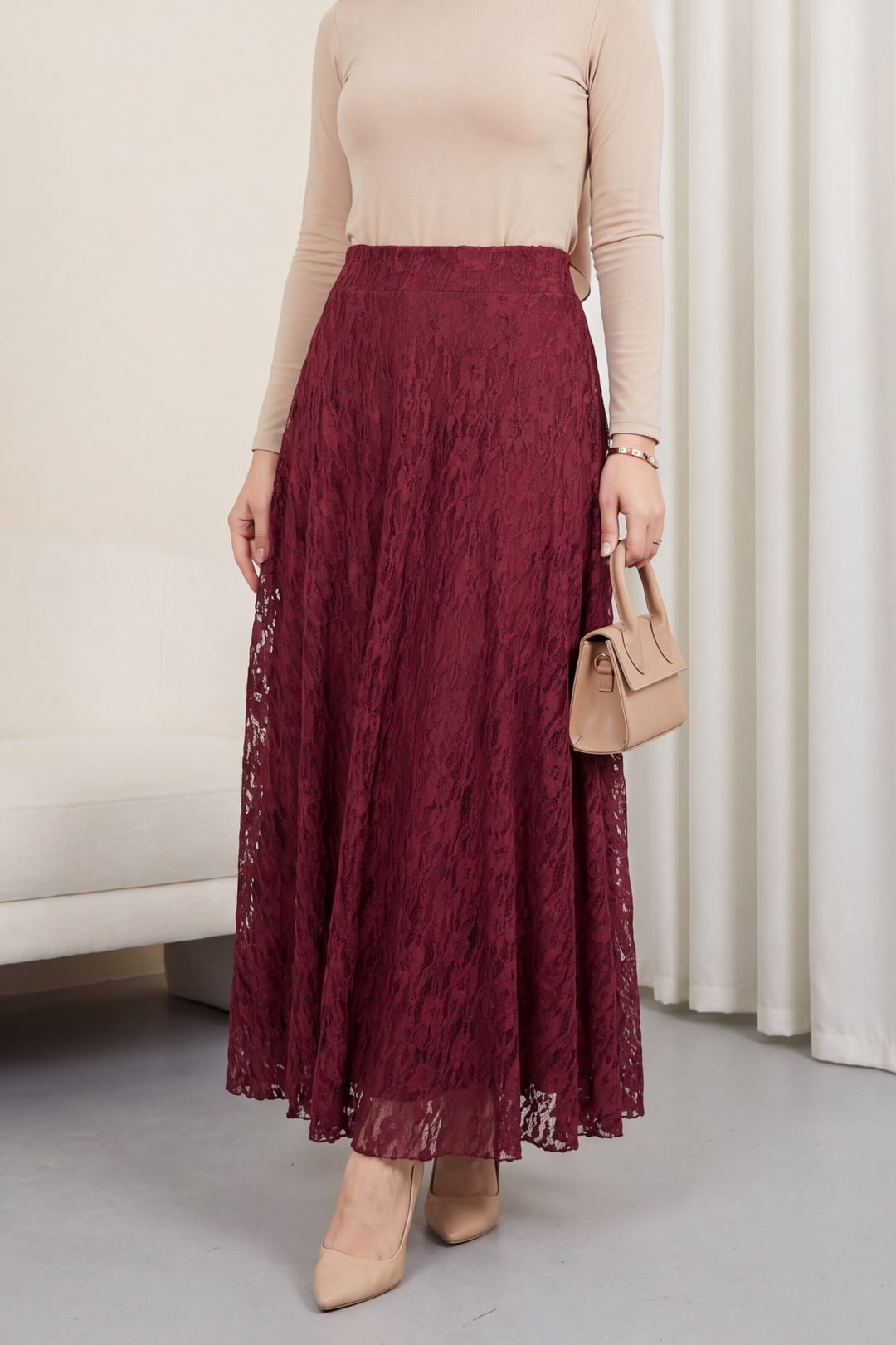 Patterned Lined Tulle Skirt with Lace Trim - Burgundy - Podyumplus - by Peralane