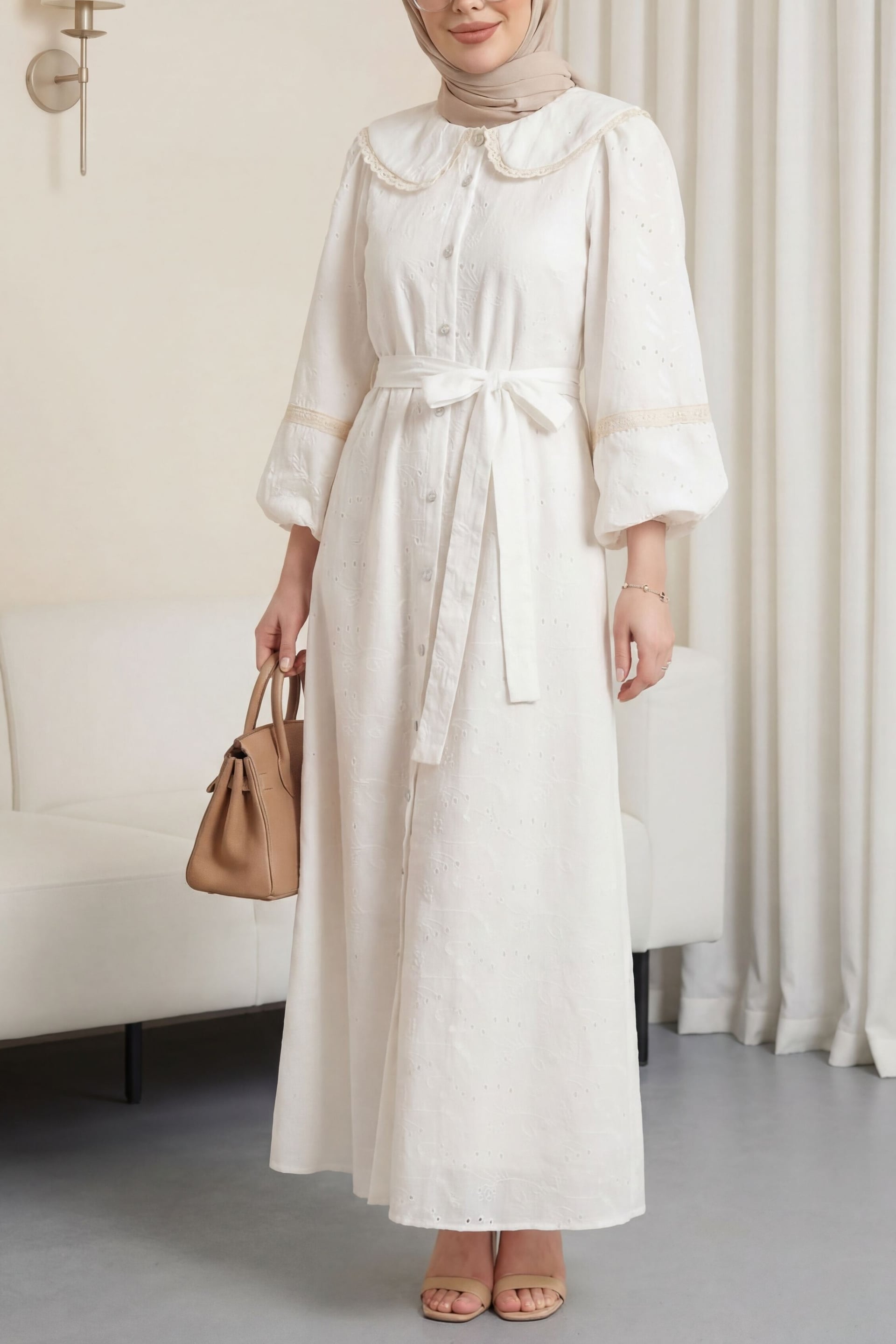 White Linen-Look Modest Dress with Peter Pan Collar and Belt - Podyumplus - by Peralane
