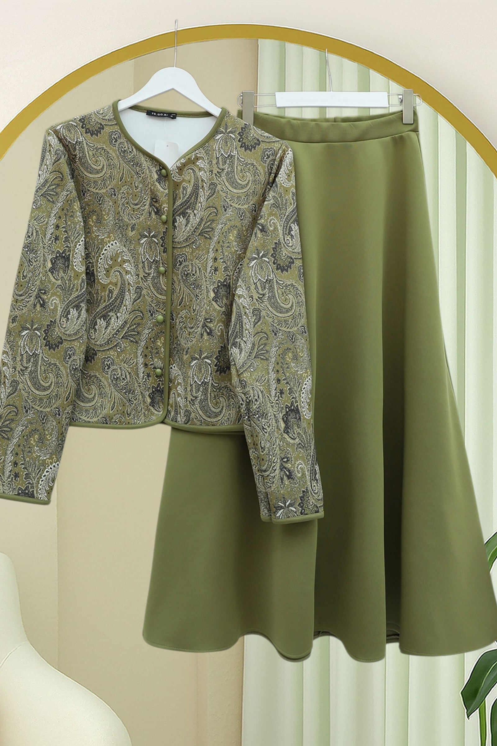 Ethnic Print Button-Front Scuba Jacket and Skirt Set - Olive - Podyumplus - by Peralane - photo 3