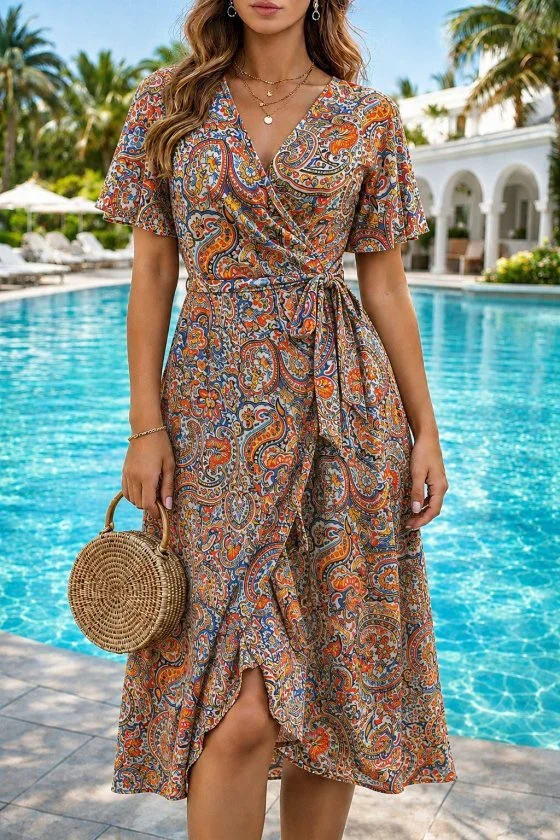 Women's Short Sleeve Wrap V-Neck Side Tie Patterned Midi Suprem Dress - Janes - by Peralane - photo 4
