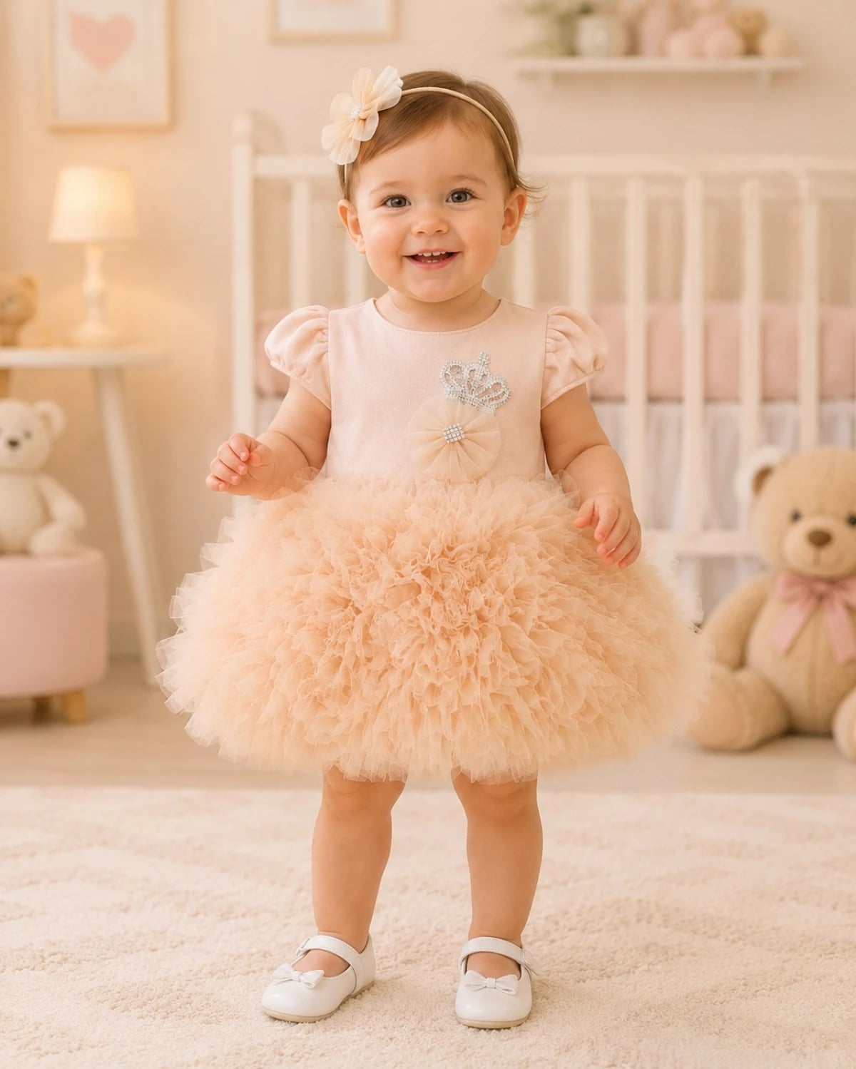Baby Girl's Peach Tulle Party Dress with Crown Motif - Has Bereket - by Peralane