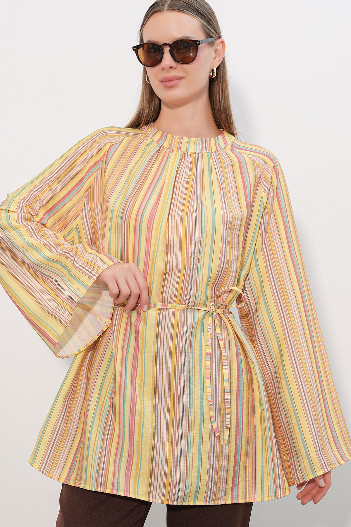 Women's Striped Oversize Tunica with Tie Belt - Yellow - Bigdart - by Peralane - photo 3