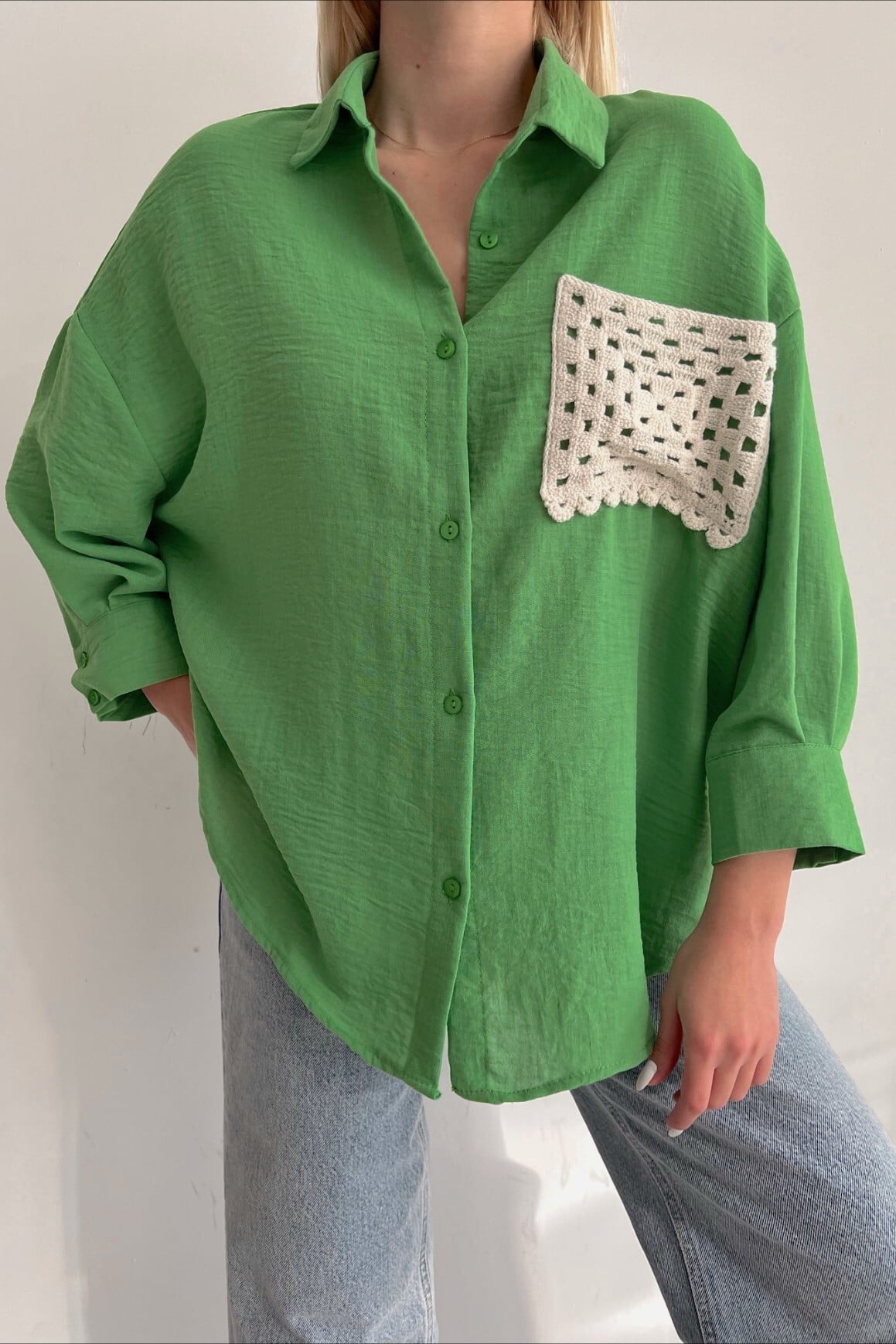 Green Oversized Linen Look Shirt with Crochet Pocket - Podyumplus - by Peralane