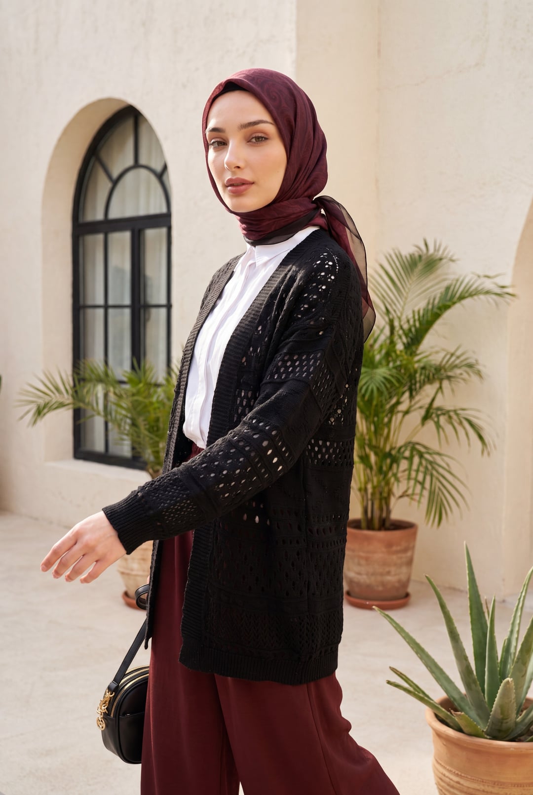 Openwork Pom Pom Detail Patterned Knit Cardigan - Black - Podyumplus - by Peralane - photo 2