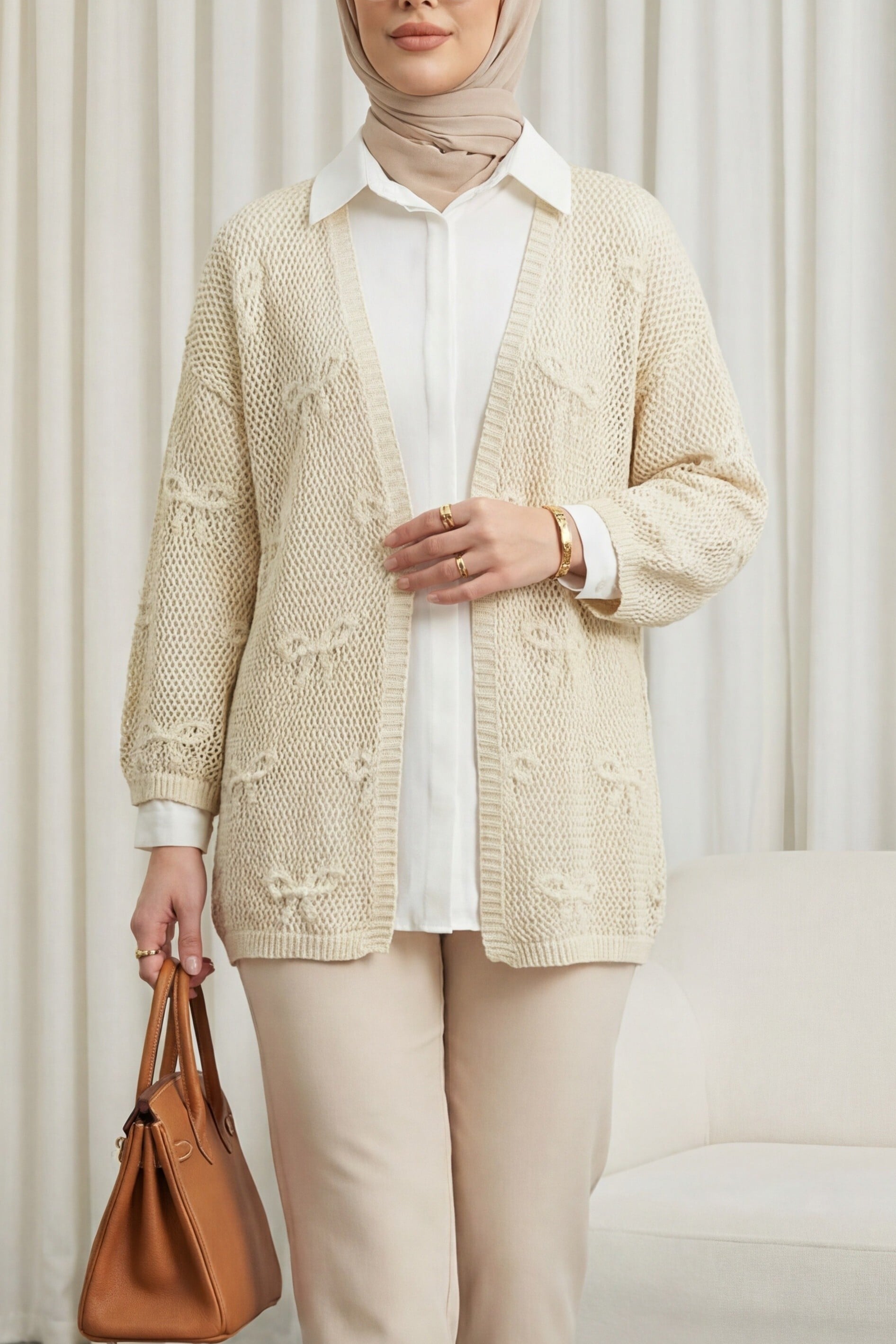 Bow Pattern Open Knit Cardigan - Cream - Podyumplus - by Peralane