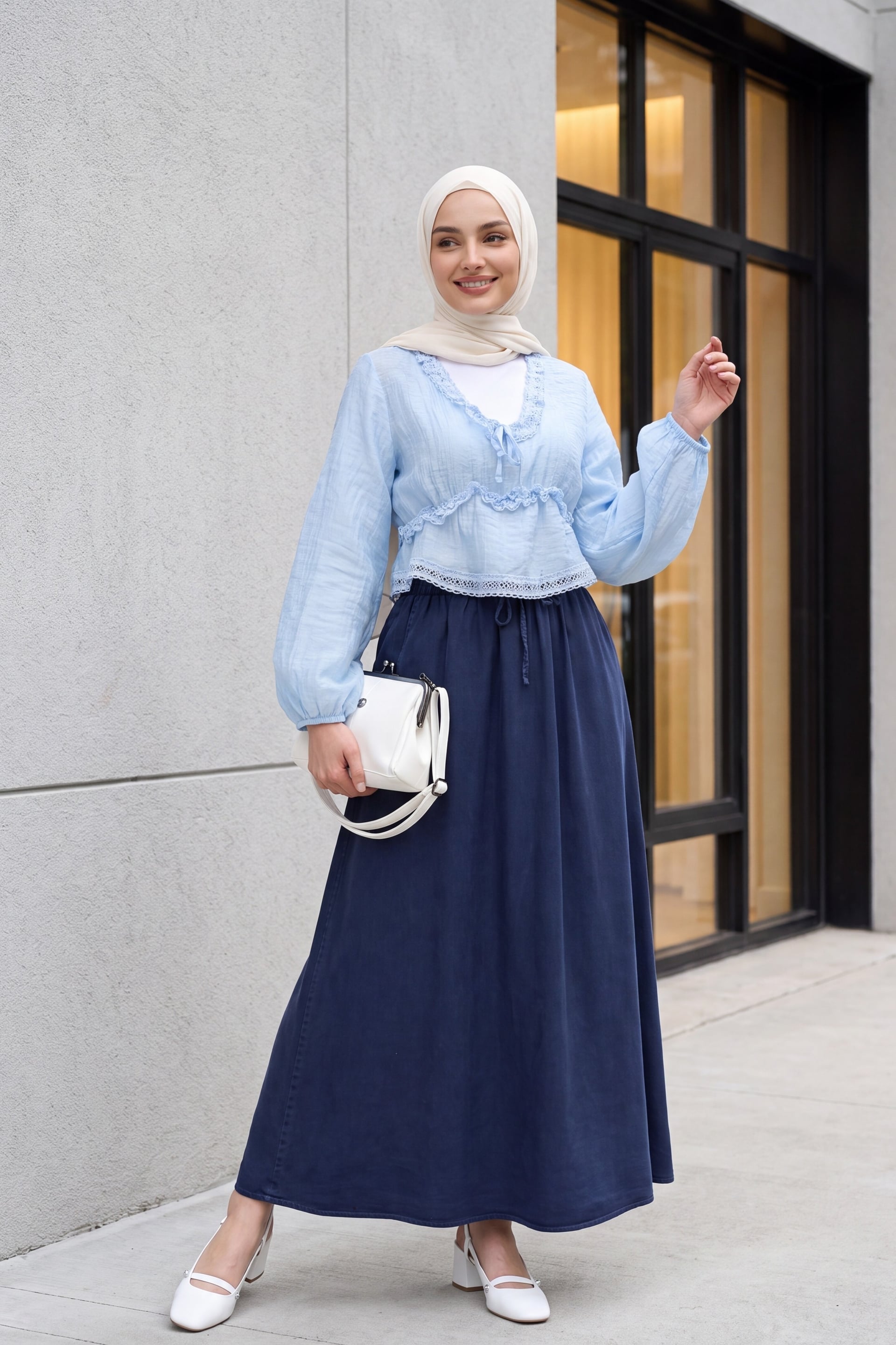 Balloon Sleeve Lace Trim Elastic Waist Viscose Blouse - Baby Blue - Podyumplus - by Peralane - photo 9
