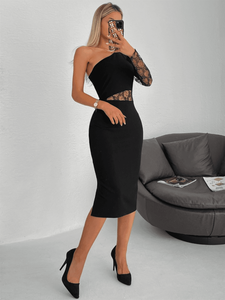 Women's Black One-Shoulder Lace Detail Crepe Dress - Janes - by Peralane - photo 18