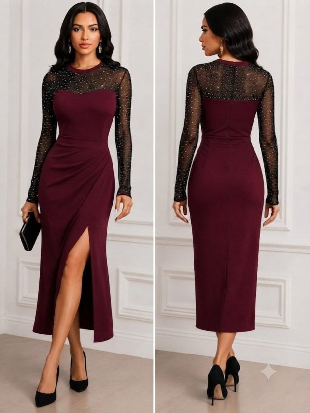 Women's Long-Sleeved Bike Neck Tulle Rhinestone Detail Midi Crepe Dress - Janes - by Peralane