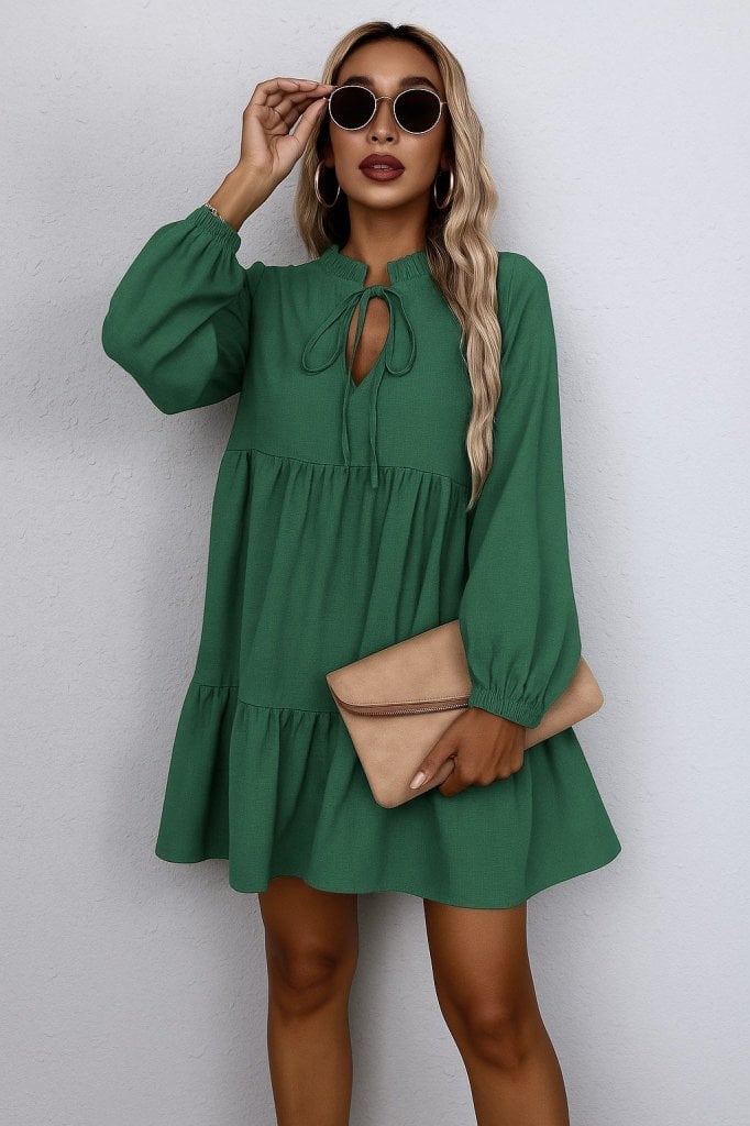 Women's Long-Sleeved Green Tie-Front Ruffle Linen Mini Dress - Janes - by Peralane - photo 3