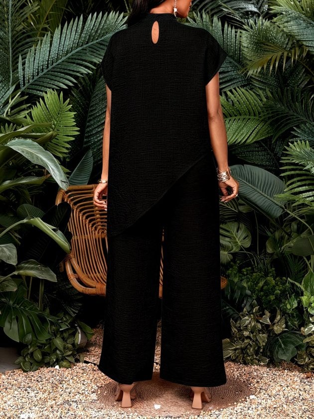 Women's Black Mock Neck Cap Sleeve Wide-Leg Jumpsuit with Asymmetric Cut Detail - Janes - by Peralane - photo 4