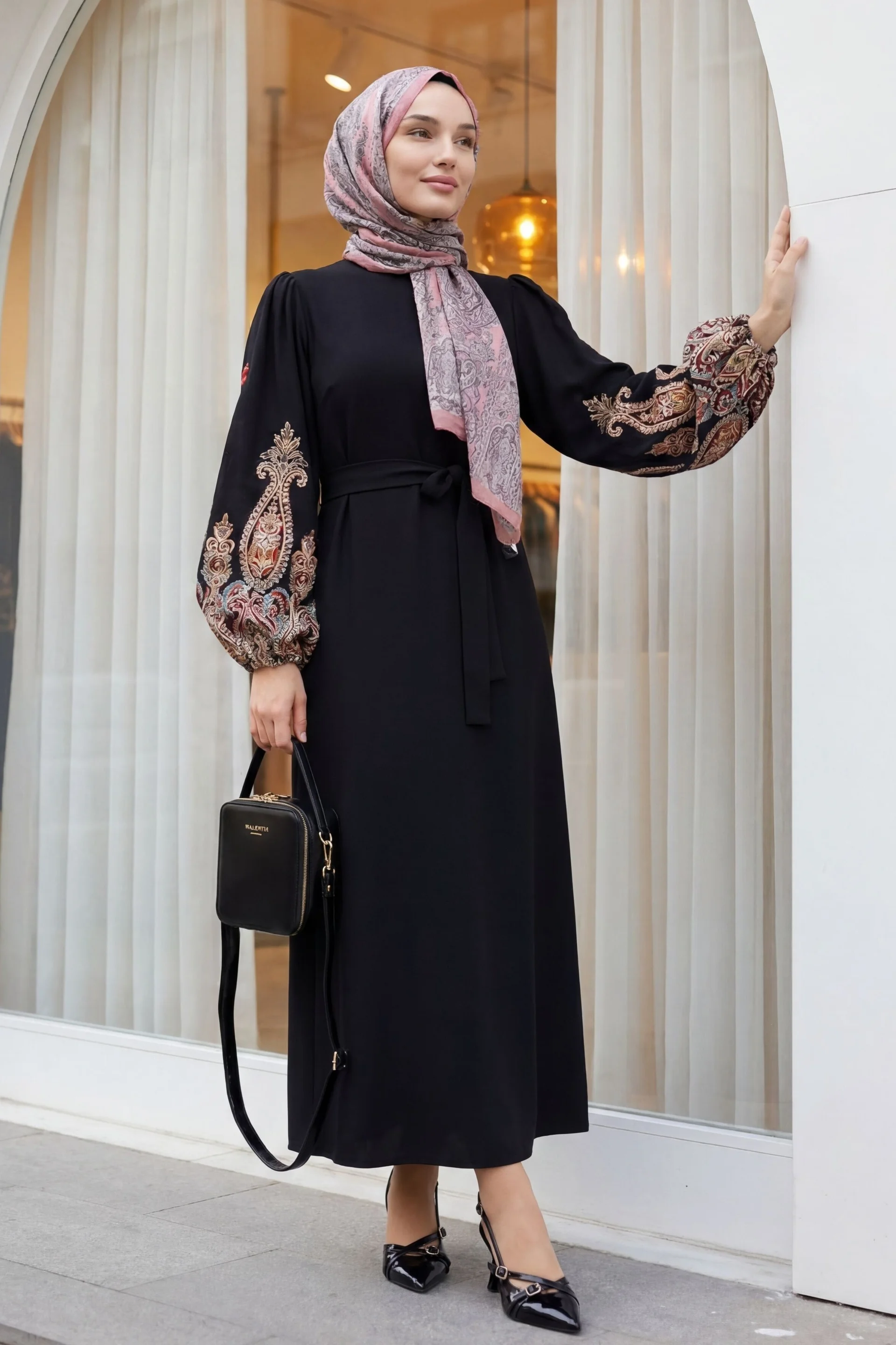 Black Embroidered Sleeve Maxi Dress with Tie Waist - Podyumplus - by Peralane - photo 3