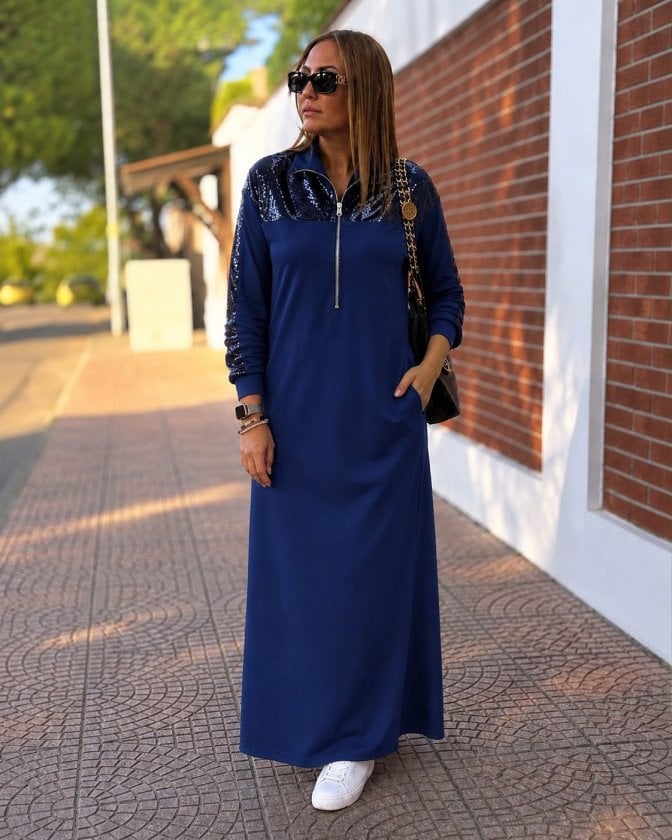 Women's Long Sleeve Quarter-Zip Navy Sequin Detail Viscose Jersey Dress - Janes - by Peralane