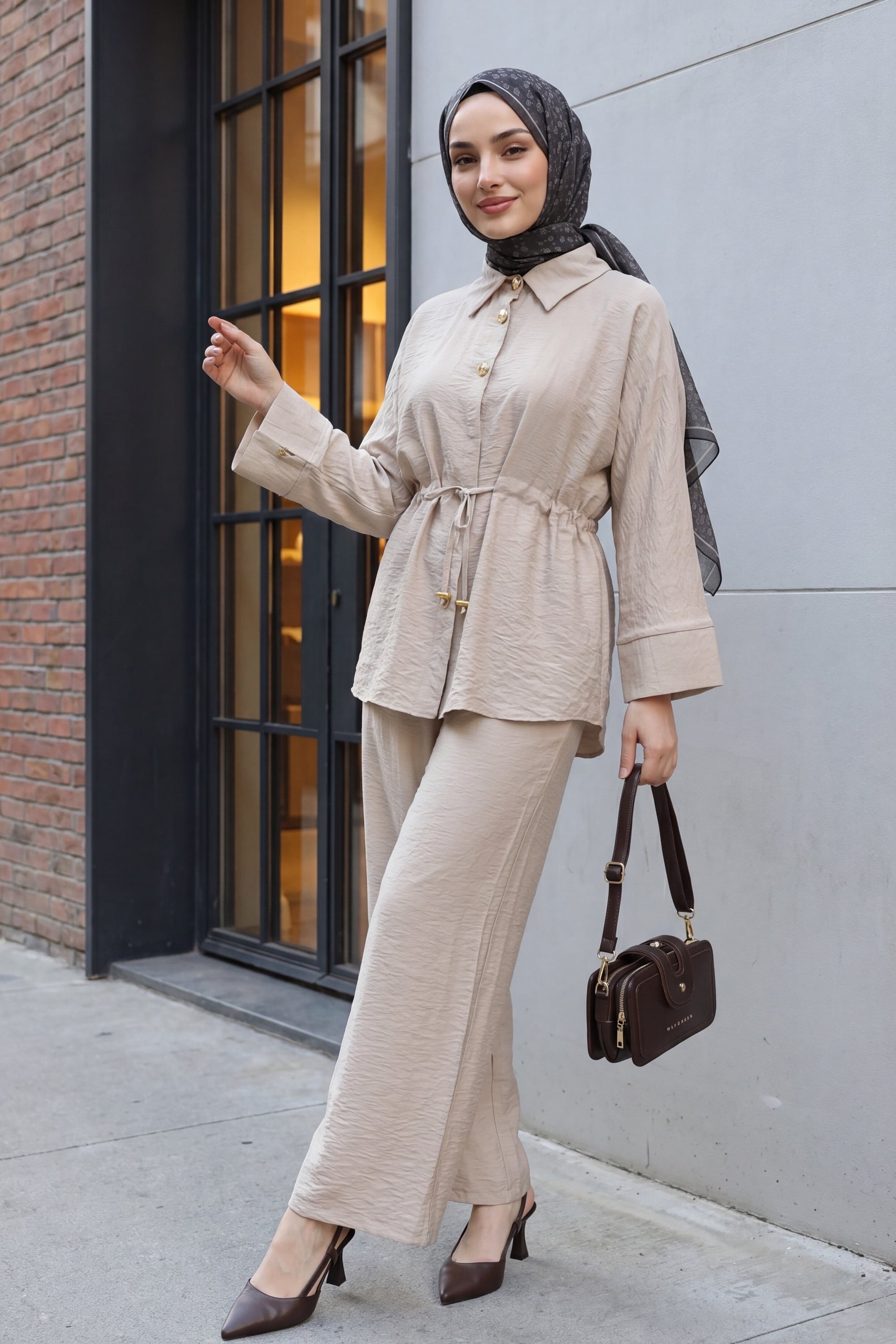 Cotton Crinkle Two-Piece Set with Tunnel Lace-Up Elastic Waist Trousers - Stone - Podyumplus - by Peralane - photo 2