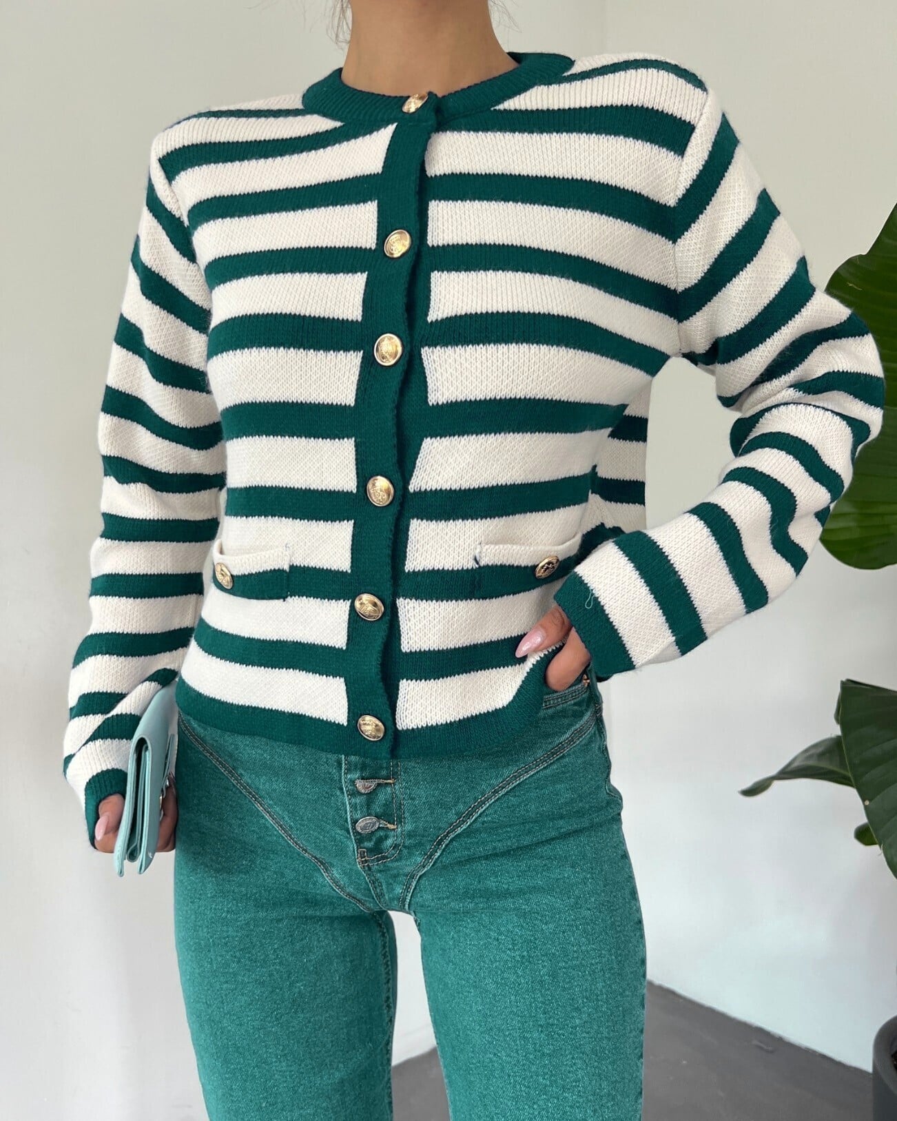 Striped Patch Pocket Cardigan - Emerald - Podyumplus - by Peralane - photo 2