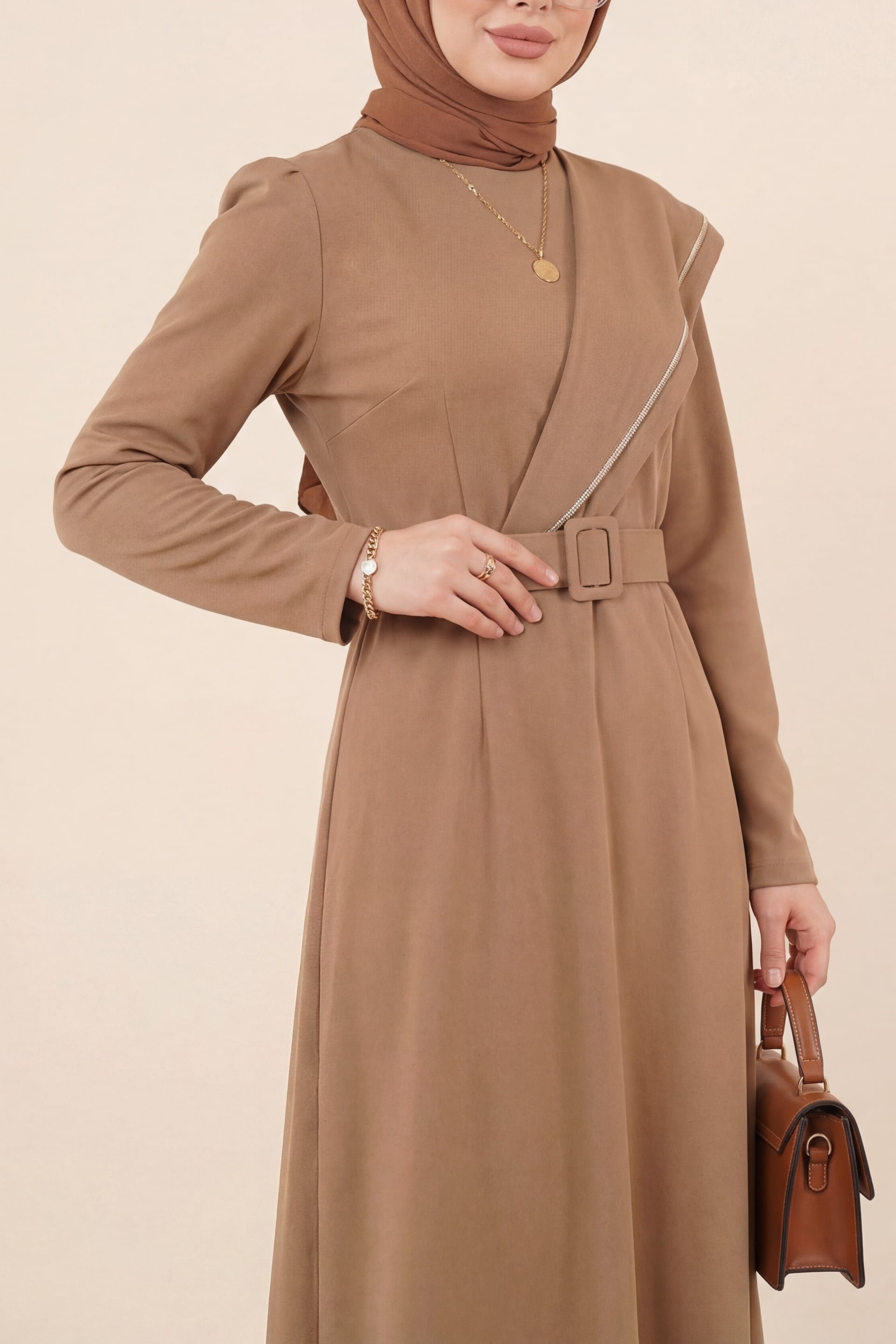 Stone Embroidered Belted Crepe Dress - Beige - Podyumplus - by Peralane - photo 2