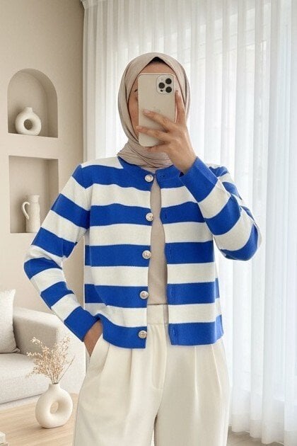 Striped Knit Cardigan with Metal Buttons - Blue - Podyumplus - by Peralane