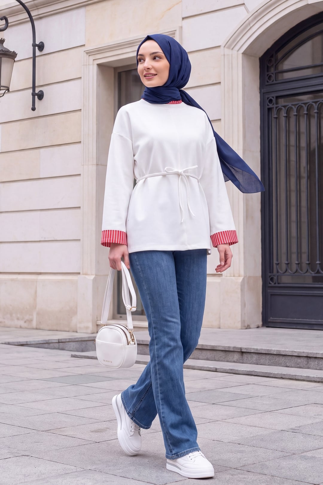 White Slit Neck Tie Waist Knit Sweatshirt Tunic - Podyumplus - by Peralane - photo 4