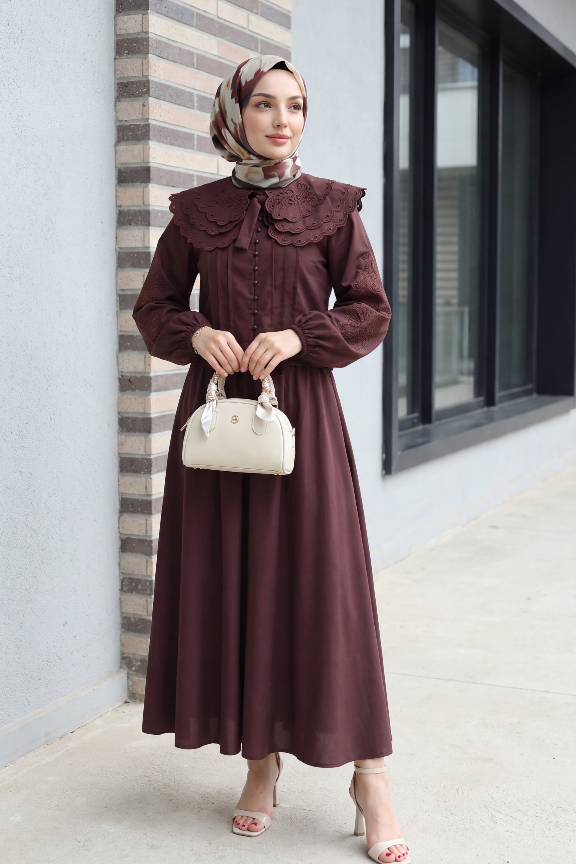 Wide Collar Tie-Neck Poplin Two-Piece Set with Lined Skirt - Burgundy - Podyumplus - by Peralane - photo 3