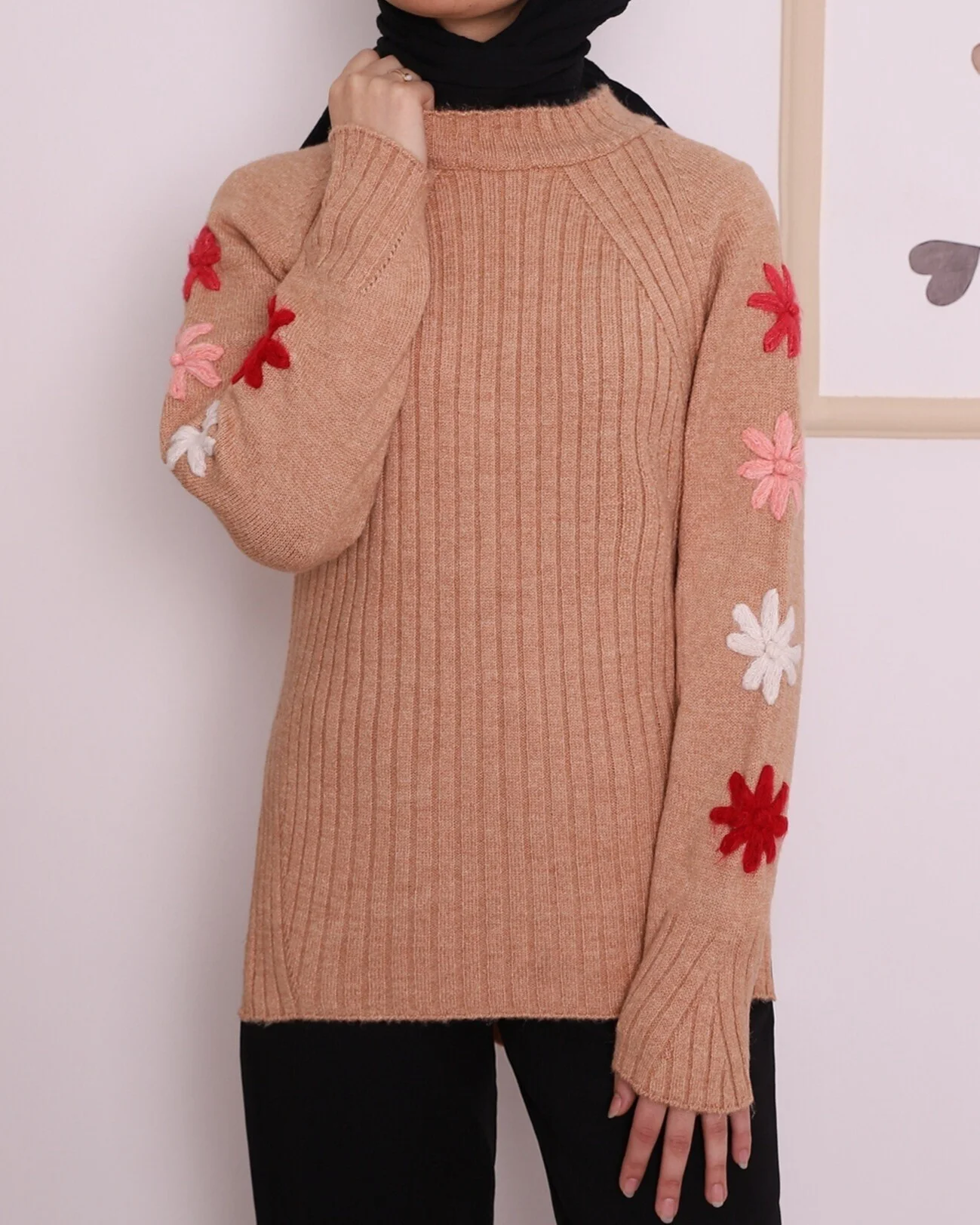 Embroidered Floral Sleeve High Neck Ribbed Knit Tunic - Camel - Podyumplus - by Peralane