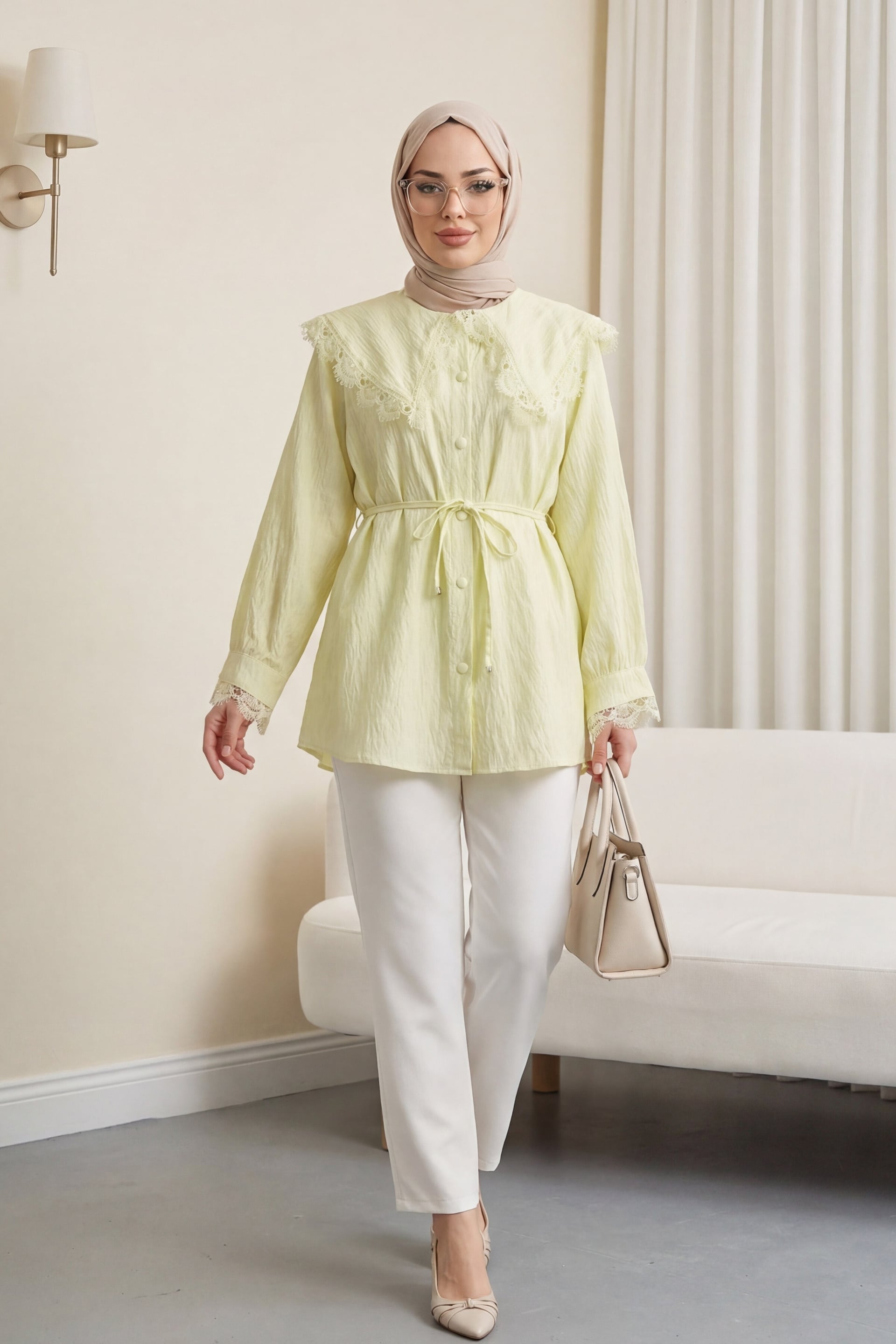 Light Yellow Modal Tunic with Lace Collar and Tie Belt - Podyumplus - by Peralane - photo 2