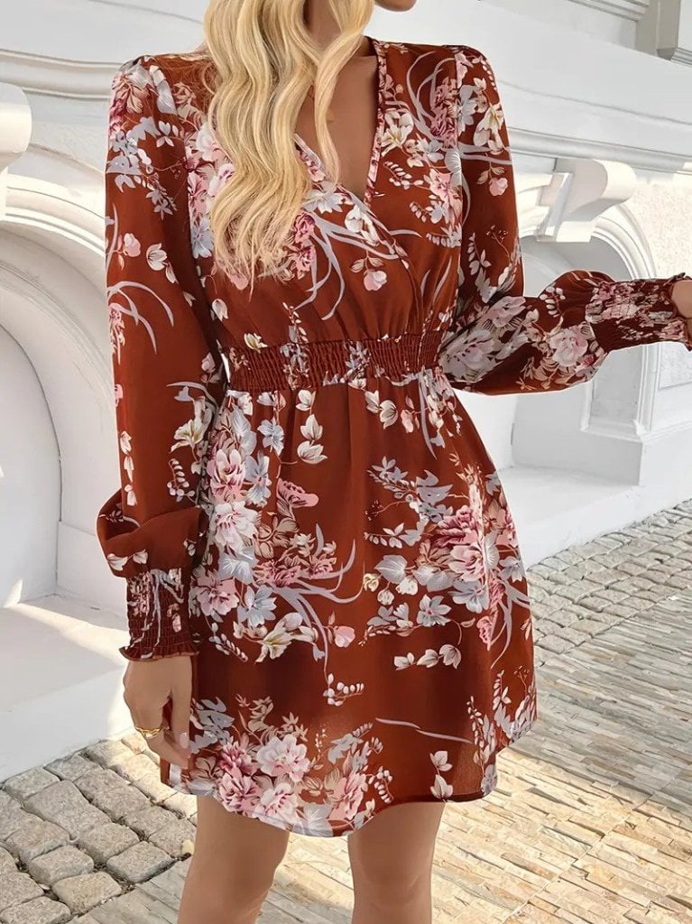 Women's Long Sleeve V-Neck Floral Print Mini Dress - Janes - by Peralane - photo 3