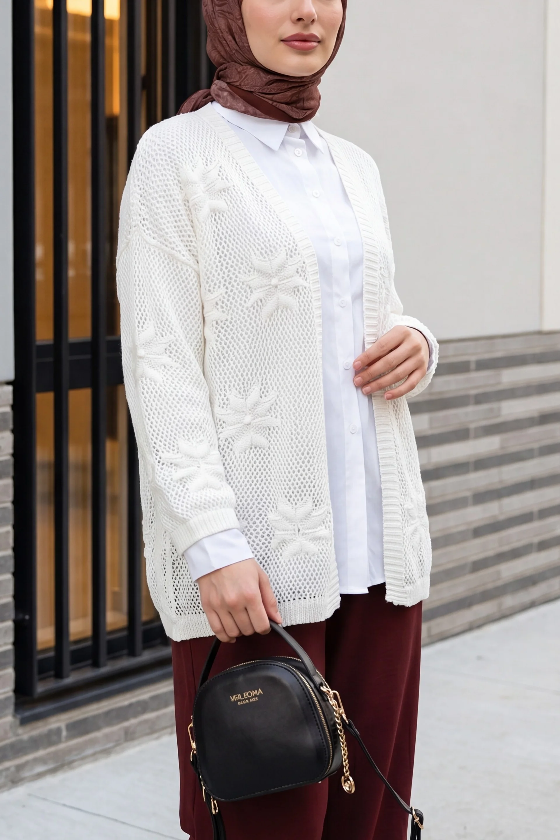 White Floral Detail Openwork Knit Cardigan - Podyumplus - by Peralane - photo 2
