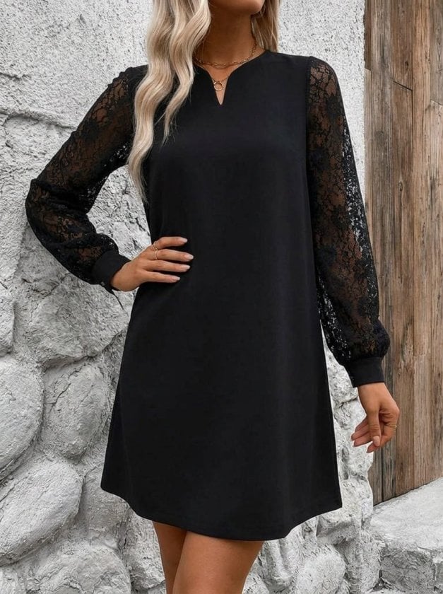 Women's Long Sleeve V-Neck Lace Detail Loose Short Crepe Dress - Janes - by Peralane - photo 4
