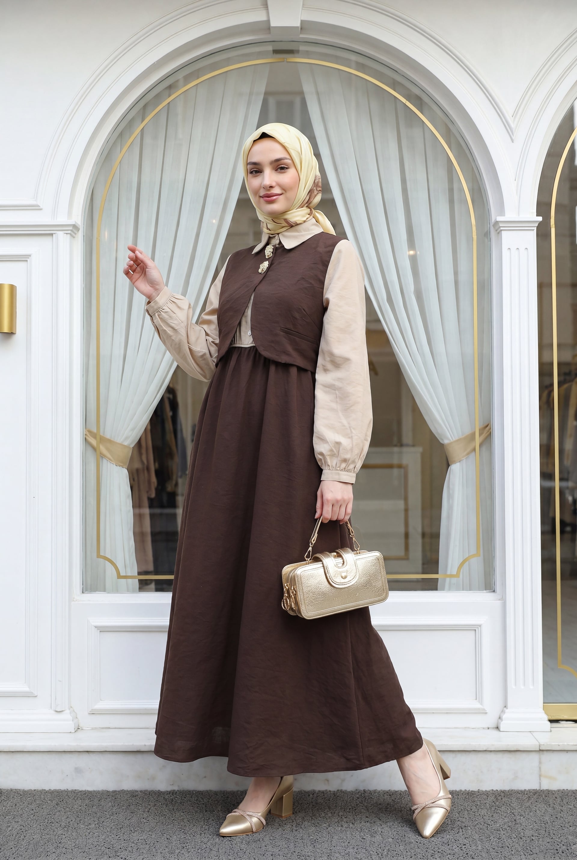 Snap Mini Vest Long Modal Dress with Half Button and Elastic Waist - Dark Brown - Podyumplus - by Peralane