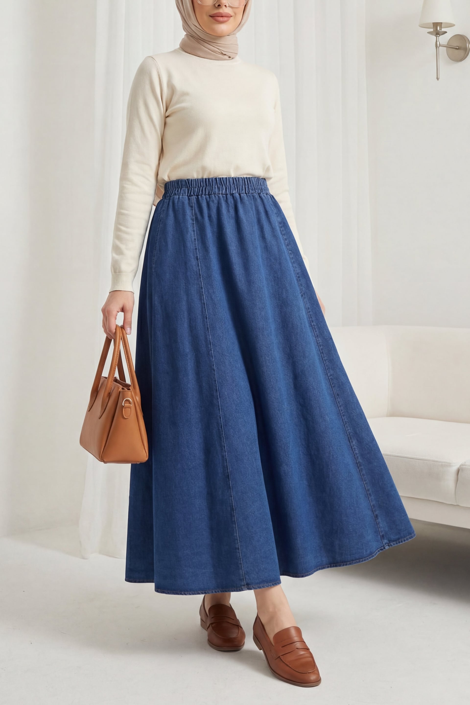 Side Pocket Elasticated Waist Denim Skirt - Dark Blue - Podyumplus - by Peralane - photo 5