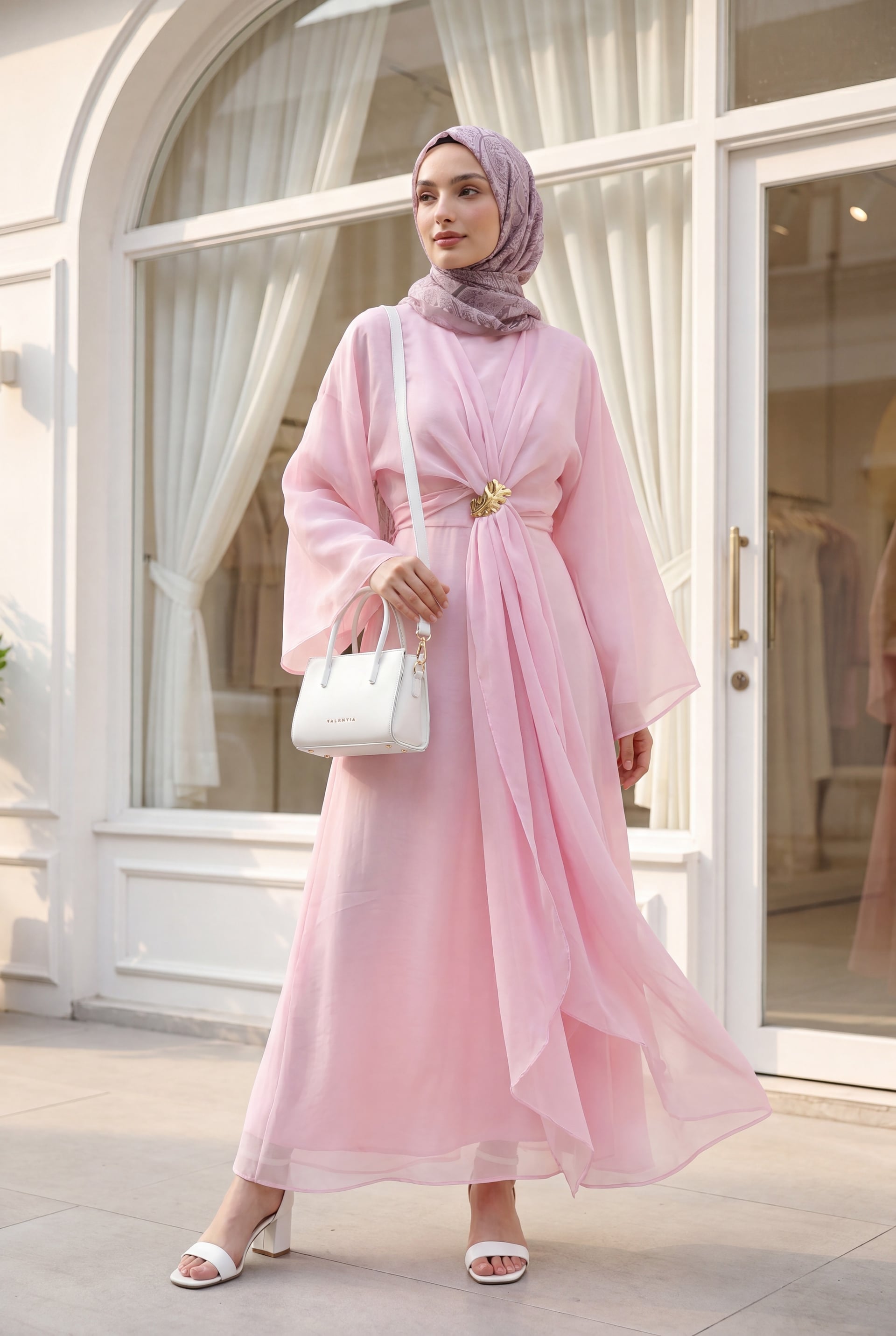Long Tulle Modal Dress with Tie Belt and Detachable Bolero - Pink - Podyumplus - by Peralane - photo 3