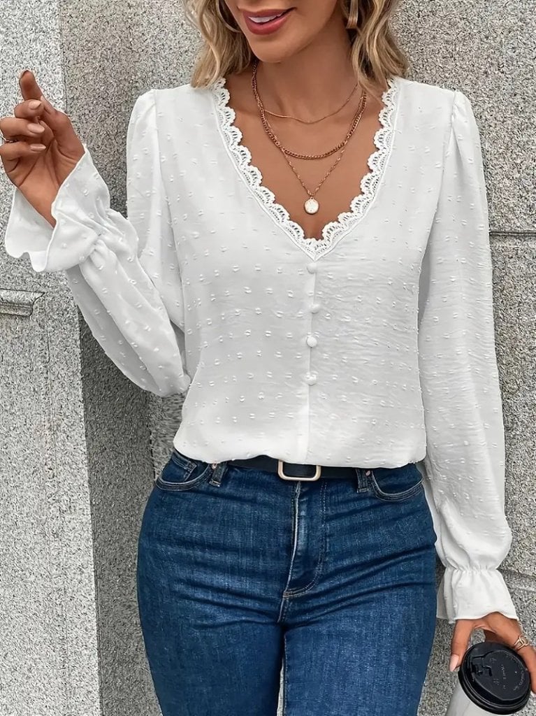 Women's White V-Neck Long Sleeve Button-Down Blouse with Lace Trim - Janes - by Peralane - photo 2