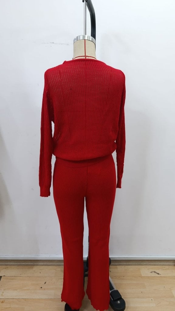Women's Long-Sleeve Crew Neck Ribbed Knit Top and Wide-Leg Trousers Set in Red - Janes - by Peralane - photo 6