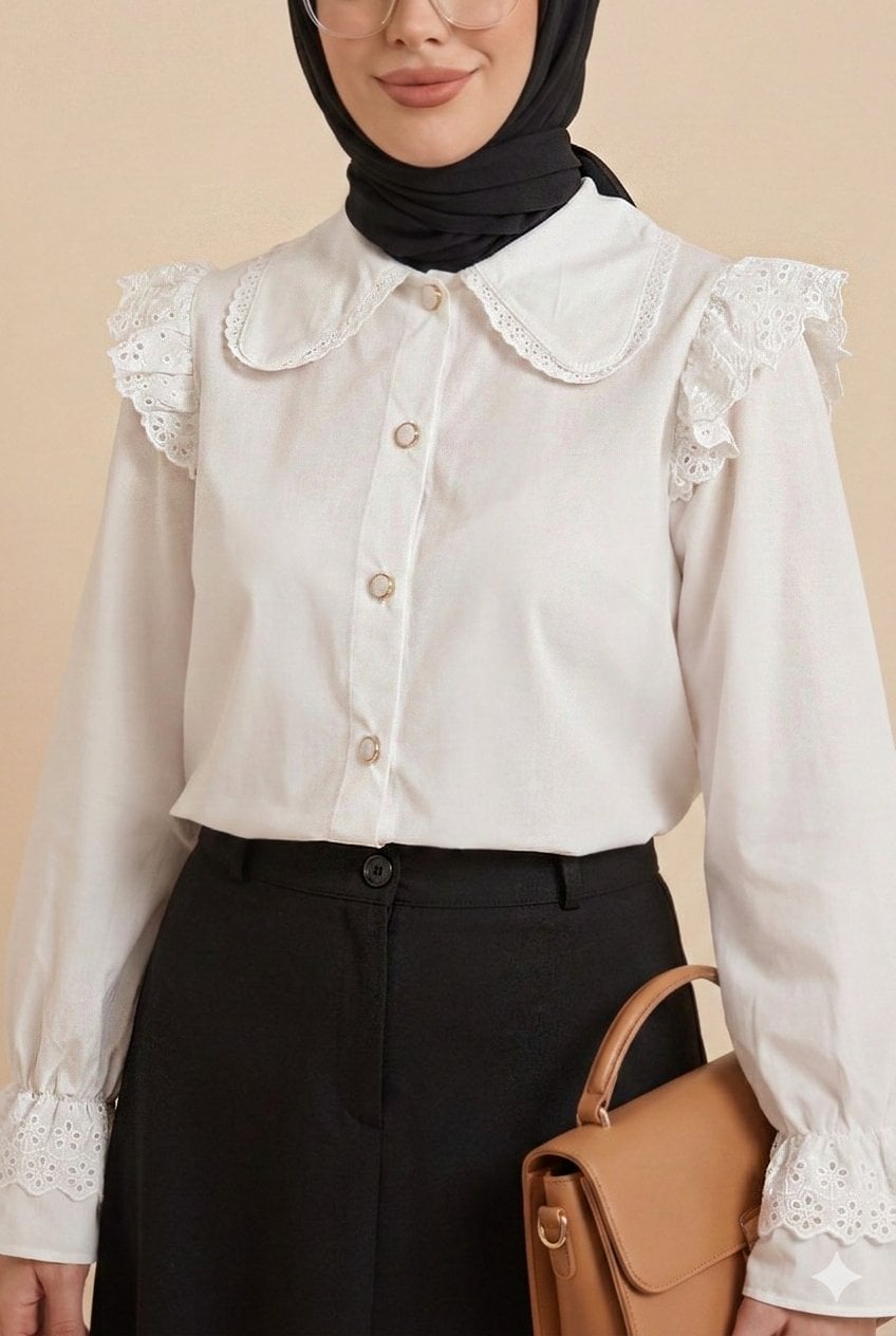 White Long-Sleeve Blouse with Peter Pan Collar and Ruffled Shoulders - Podyumplus - by Peralane - photo 2