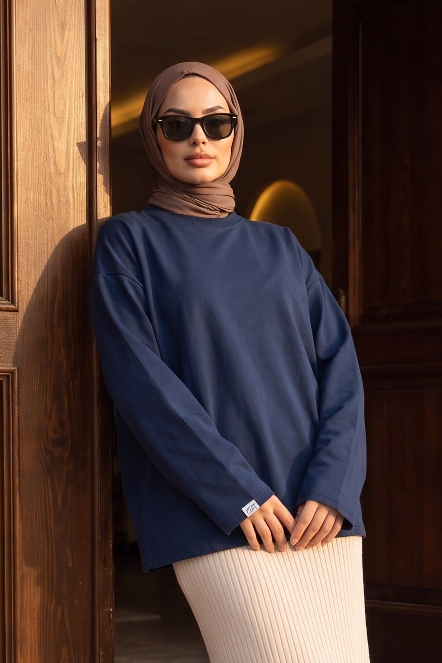 Crew Neck Long Sleeve Oversize Cotton Sweatshirt - Navy - Podyumplus - by Peralane - photo 2