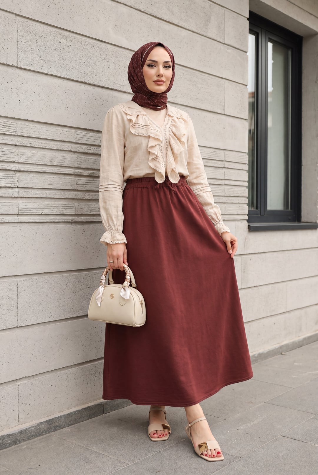 Elasticated Waist Drawstring Pocket Tencel Skirt - Burgundy - Podyumplus - by Peralane - photo 3