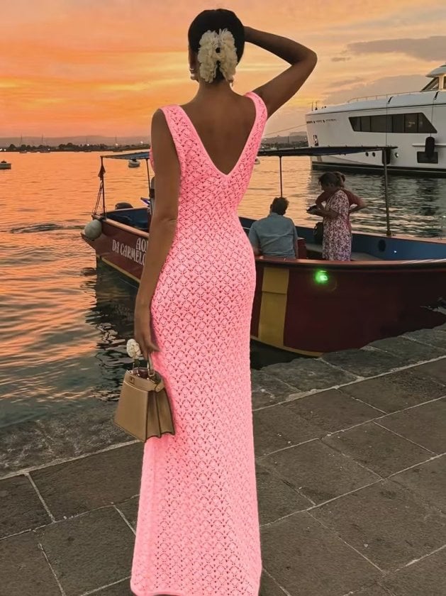 Women's Sleeveless V-Neck Long Crochet Knit Dress - Janes - by Peralane - photo 3