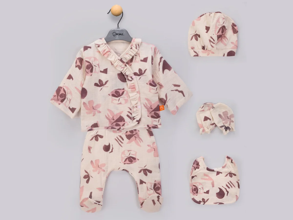 Patterned Newborn Baby Girl 5-Piece Set in Burgundy Floral - Beyaz Bebek - by Peralane