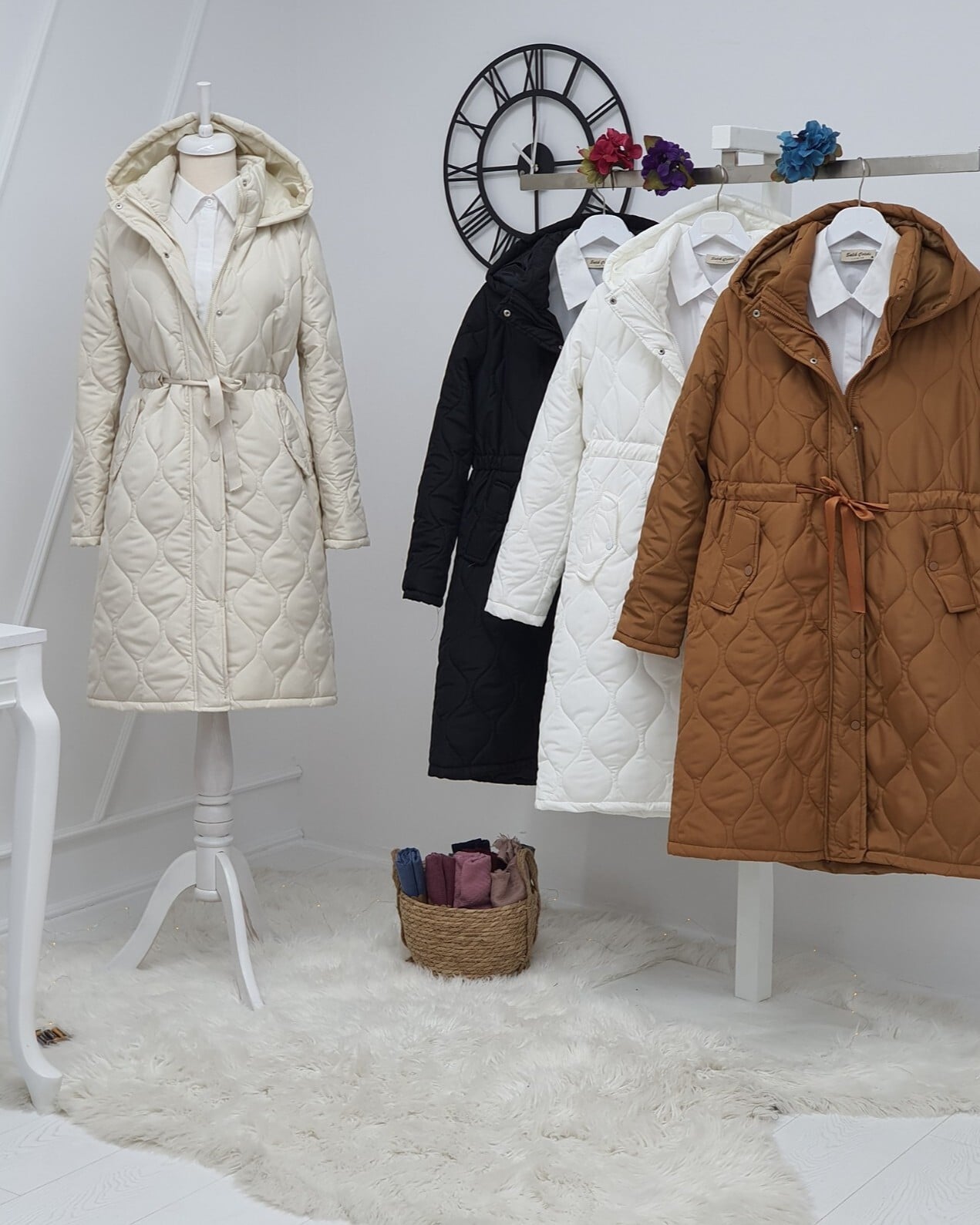 Cream Quilted Hooded Coat with Belt for Women - Podyumplus - by Peralane - photo 5